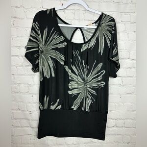Charlotte Russe‎ black gray open back floral print blouse shirt top, sz L